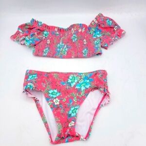 JANIE AND JACK FLORAL PUFF SLEEVE 2-PIECE SWIMSUIT IN PINK TART FLORAL SIZE 4